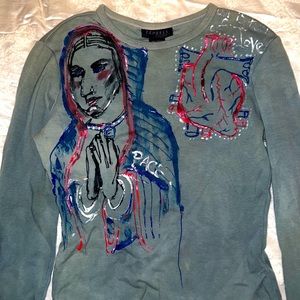 Artist painted Virgin Mary Sacred Heart top. Light tie-dye. Handmade 1 of a kind